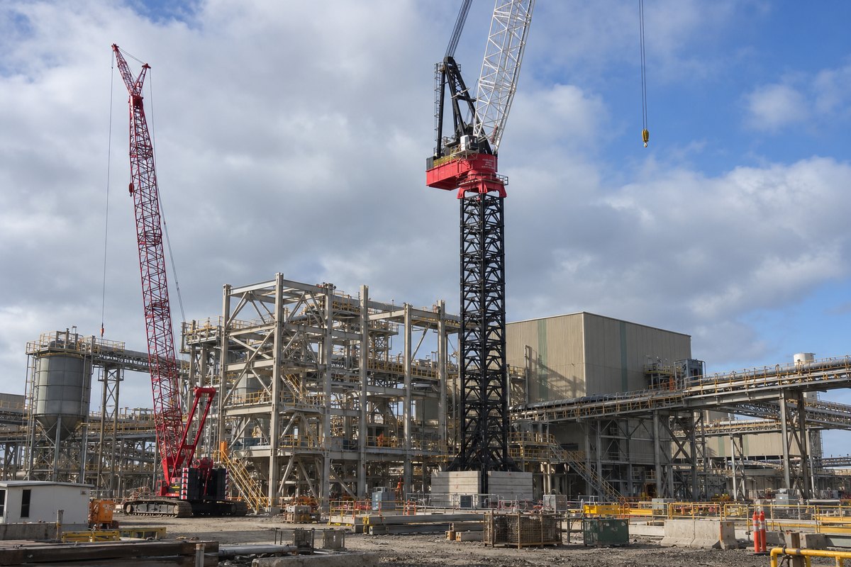A luffing tower crane and a crawler crane working over a processing plant