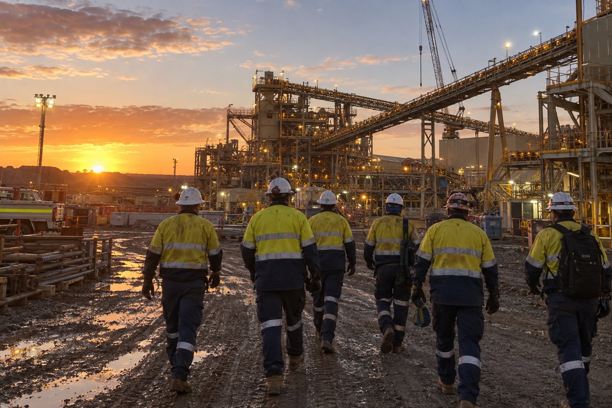 A crew walking onto the plant together at dawn