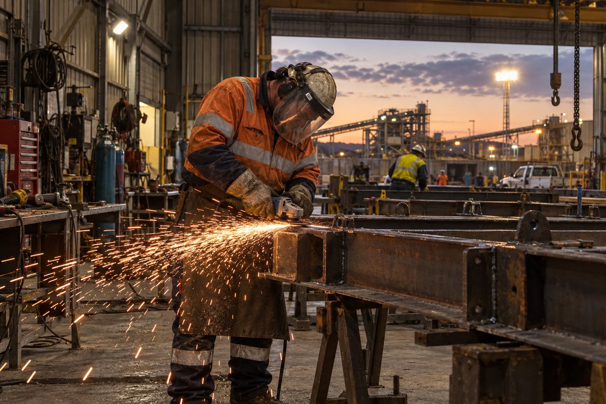 Boilermaker grinding a weld in a fabrication workshop